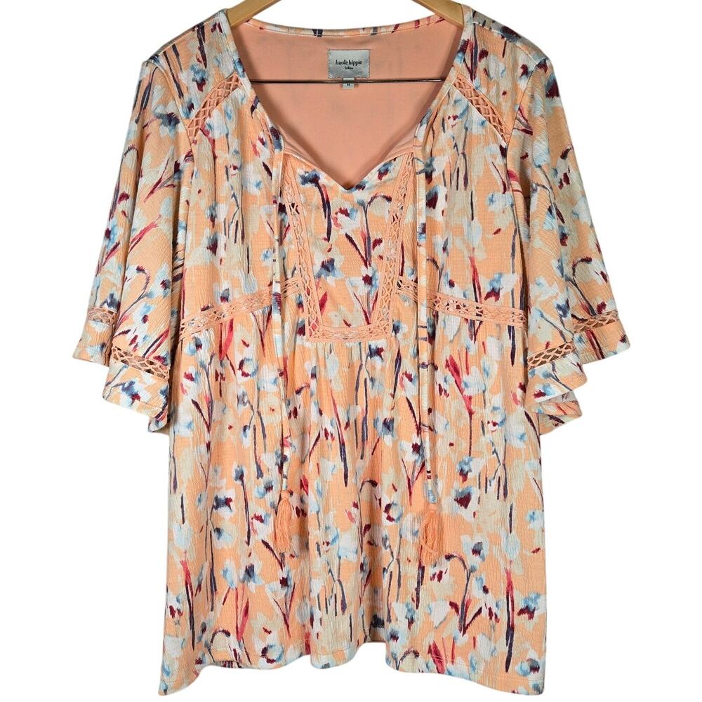 Haute Hippie Tribe‎ Orange Floral Bell Sleeve Tassel V Neck Blouse Top M